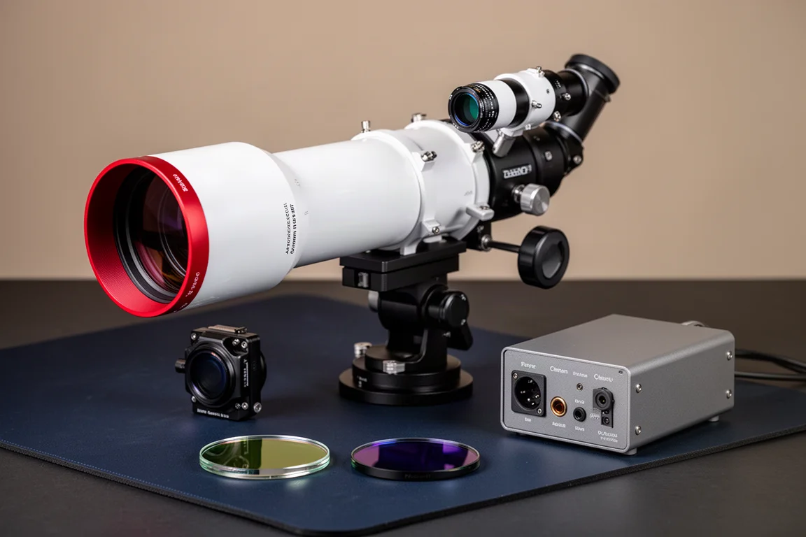 Complete budget astrophotography kit with refractor telescope, camera, mount, filter, and power box