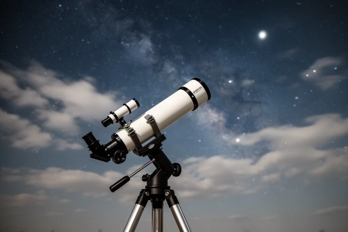 一台小型複消色差折射式望遠鏡指向夜空,頭頂有微弱星點