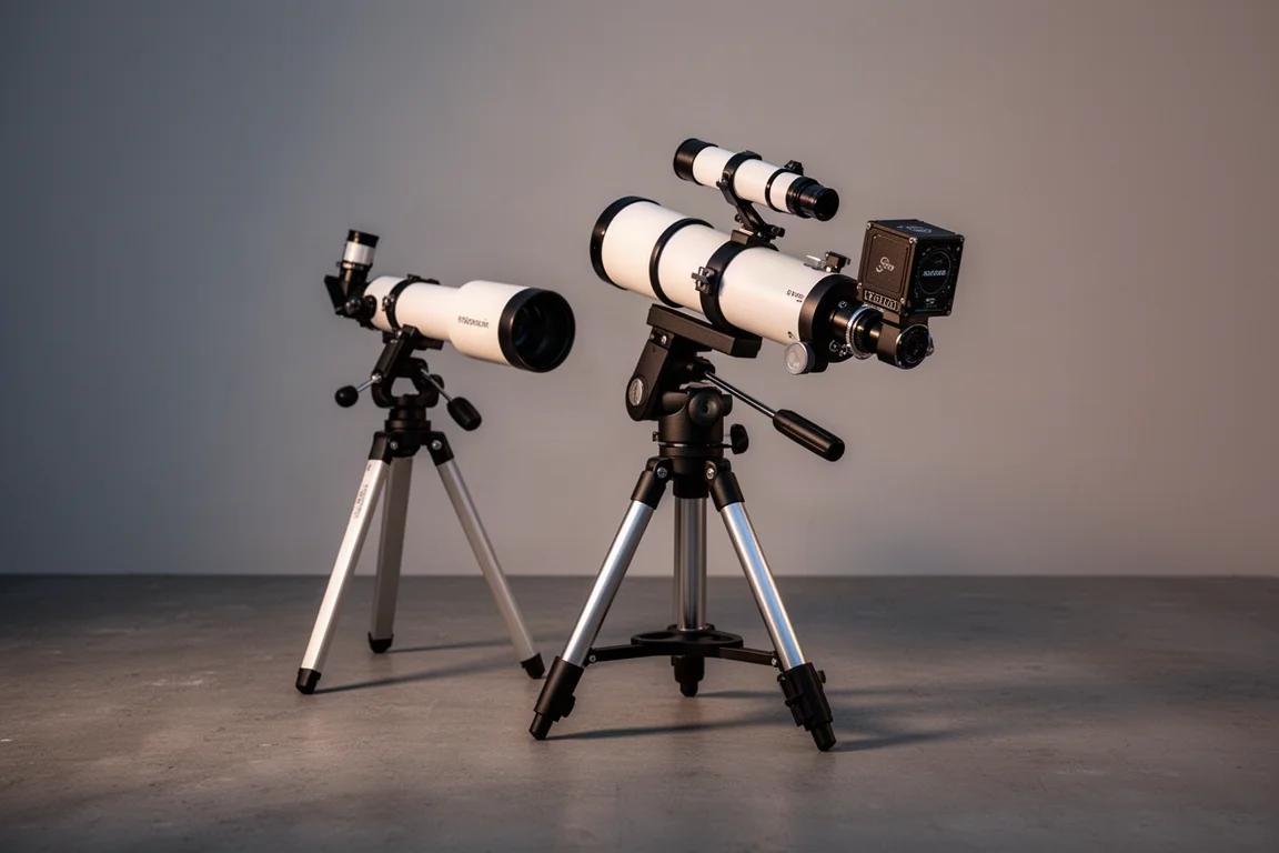 A complete compact deep sky astrophotography rig on a tripod at dusk