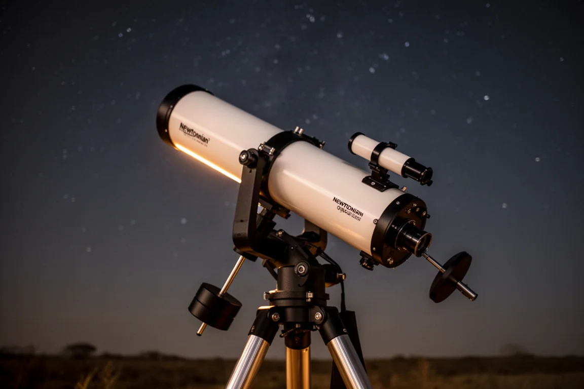 Ein größerer Newton-Reflektor-Tubus auf einer schweren äquatorialen Montierung unter Nachthimmel