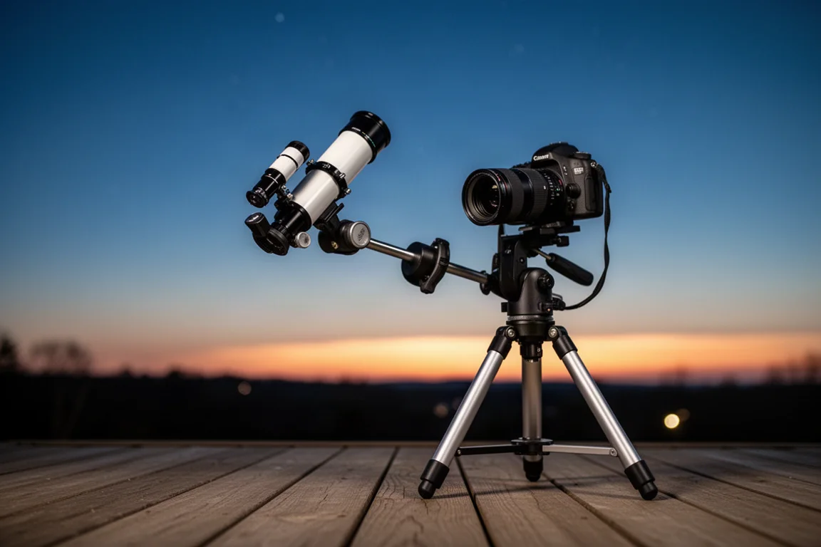 Ein kleiner kompakter ED-Refraktor in der Dämmerung neben einer DSLR-Kamera aufgebaut