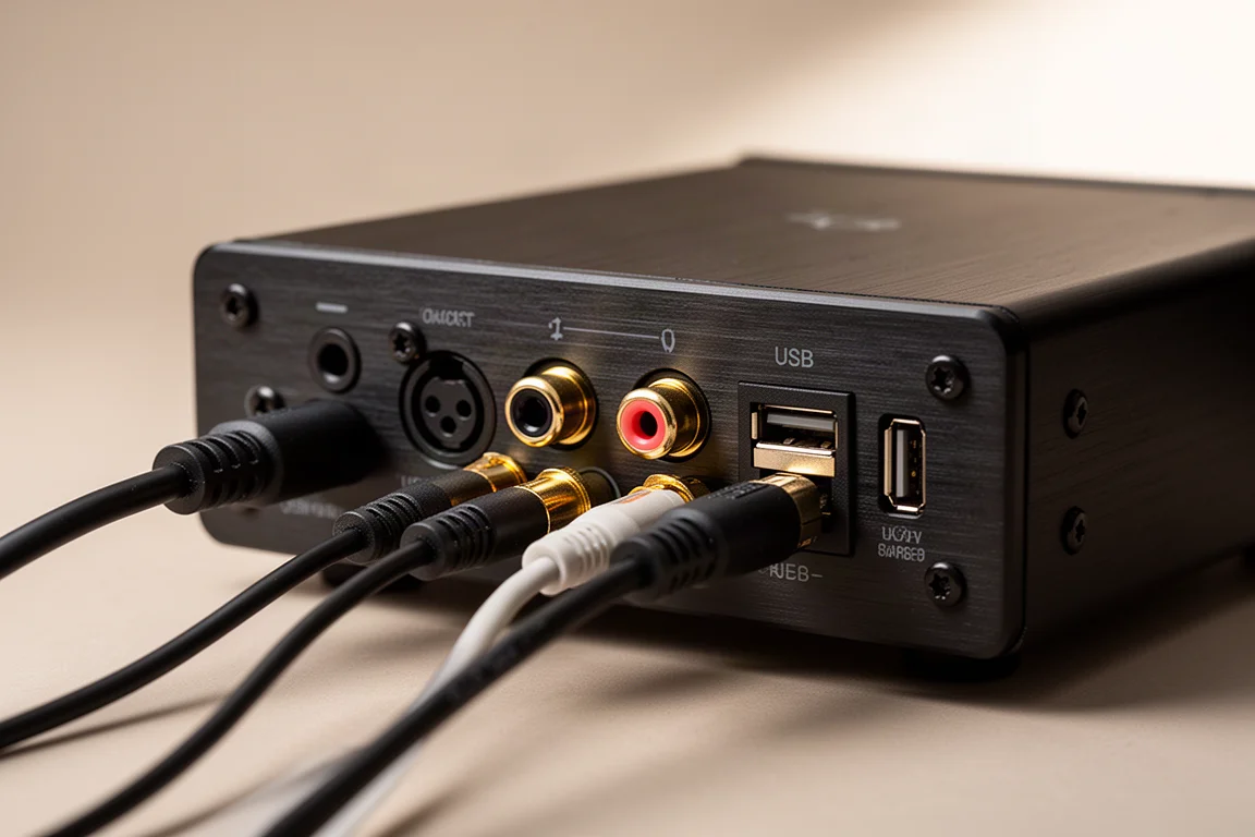 Close-up van het achterpaneel van een versterker met aangesloten optische, coaxiale en USB-kabels