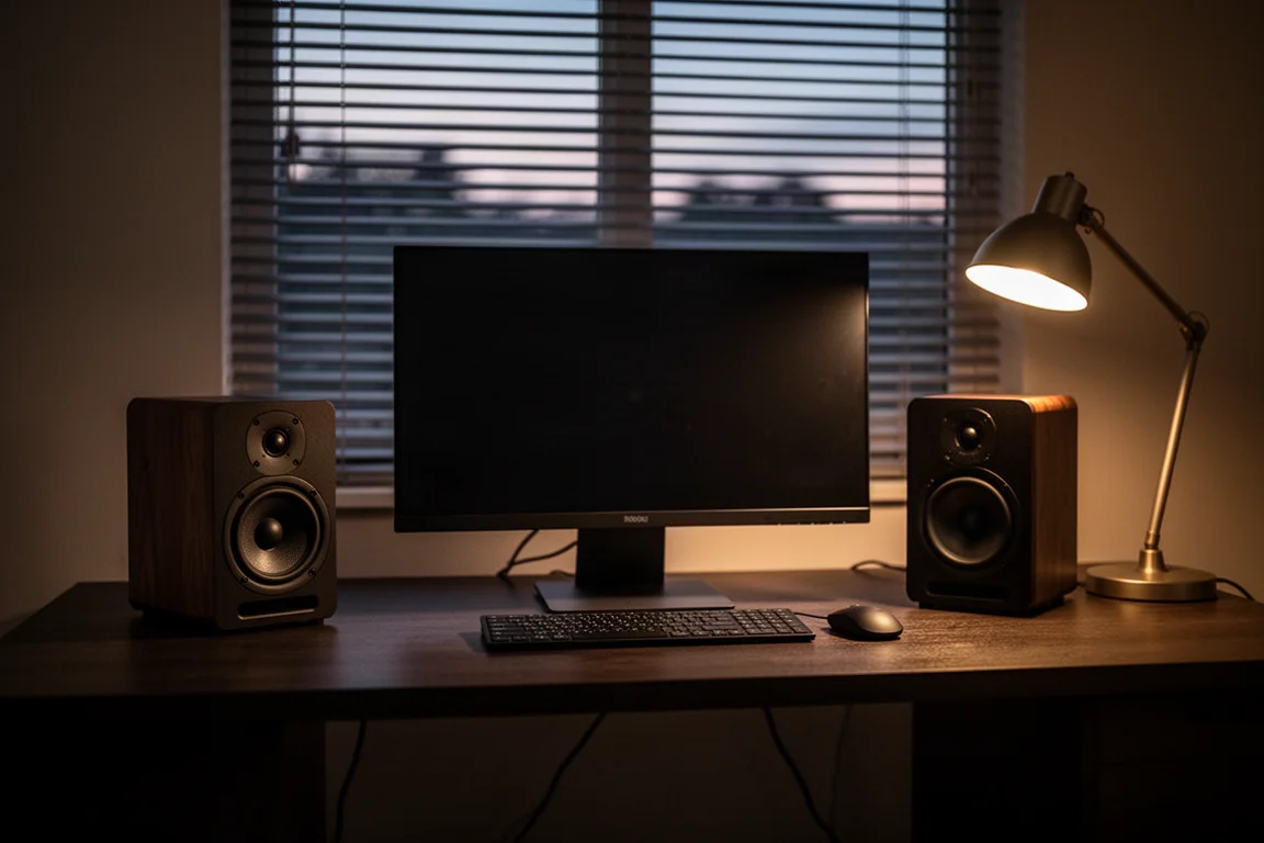 Kleine luidsprekers op een bureau aan weerszijden van een monitor bij lamplicht in de avond