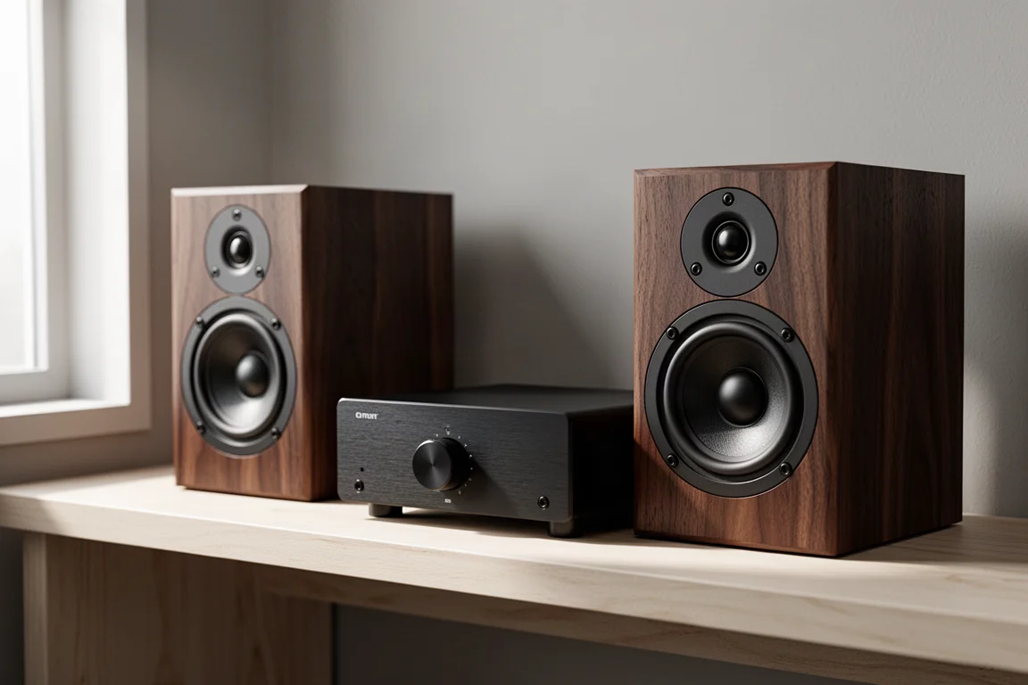 Compact black amplifier flanked by two small bookshelf speakers on a pale wood shelf