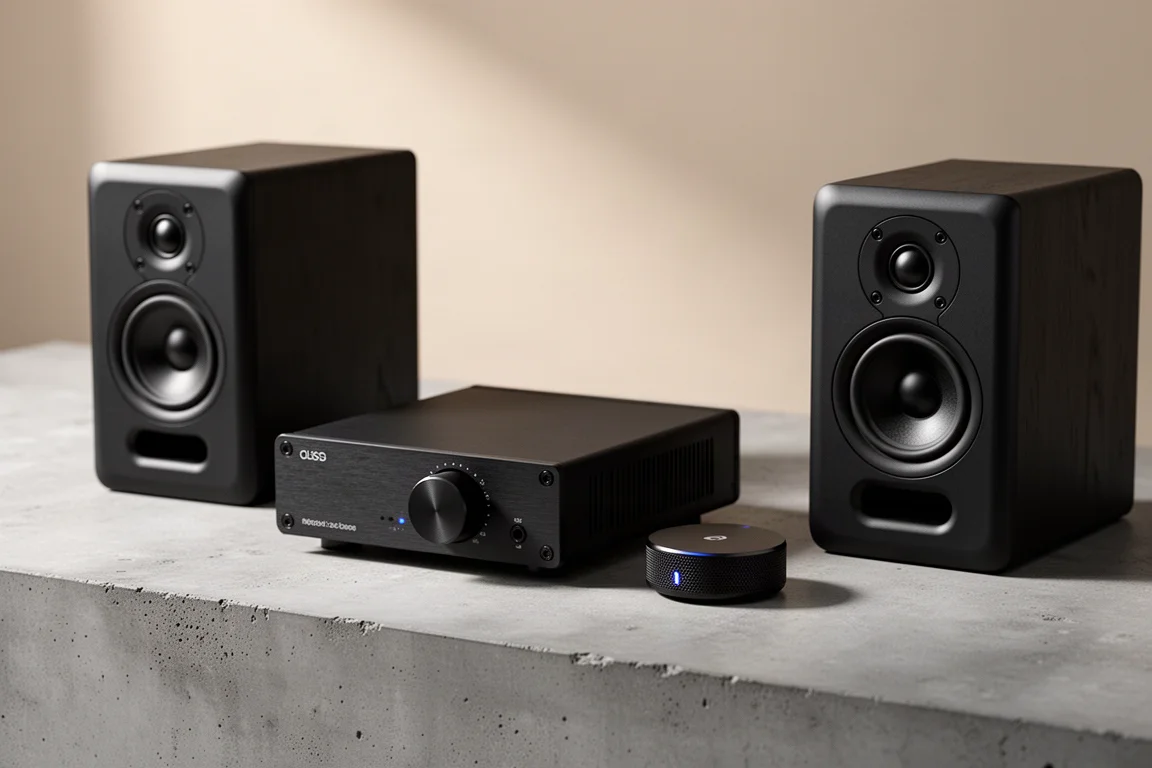 Compact amplifier, puck streamer, and two bookshelf speakers arranged on concrete