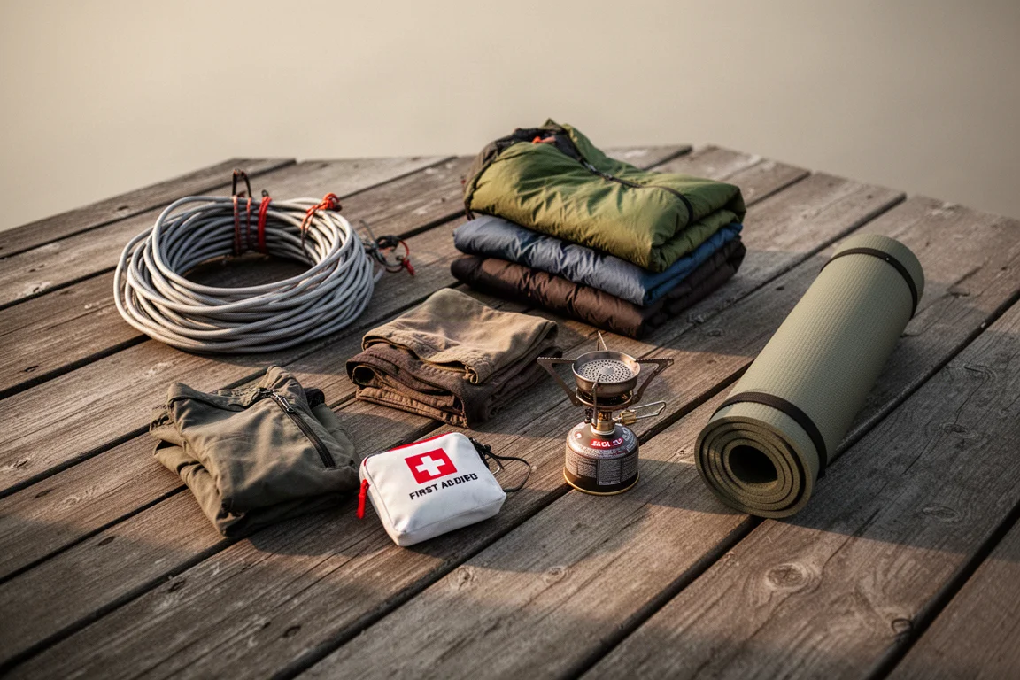 Backpacking gear spread out on a wooden deck being sorted for a trip