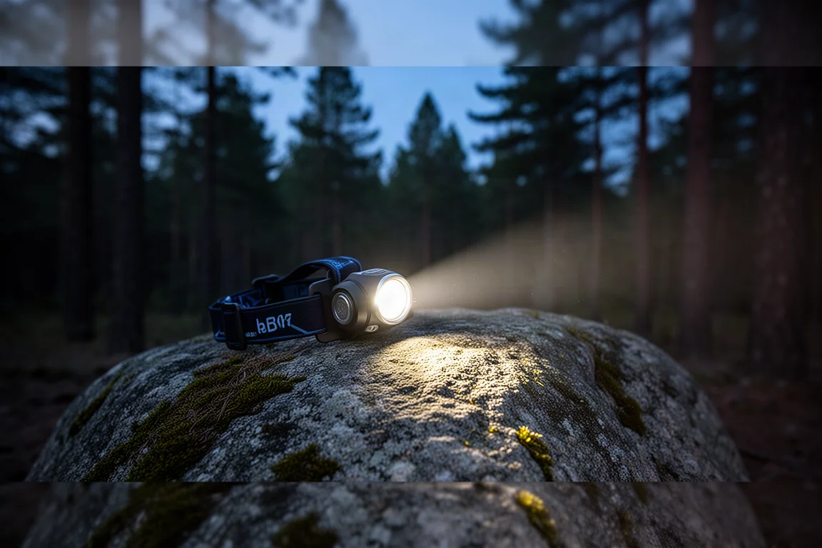 Headlamp on a mossy boulder casting a beam into a dark forest at dusk