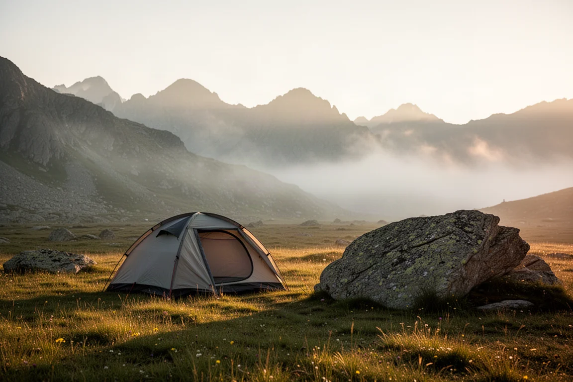 Small tent in an alpine meadow at sunrise with mist over distant ridges