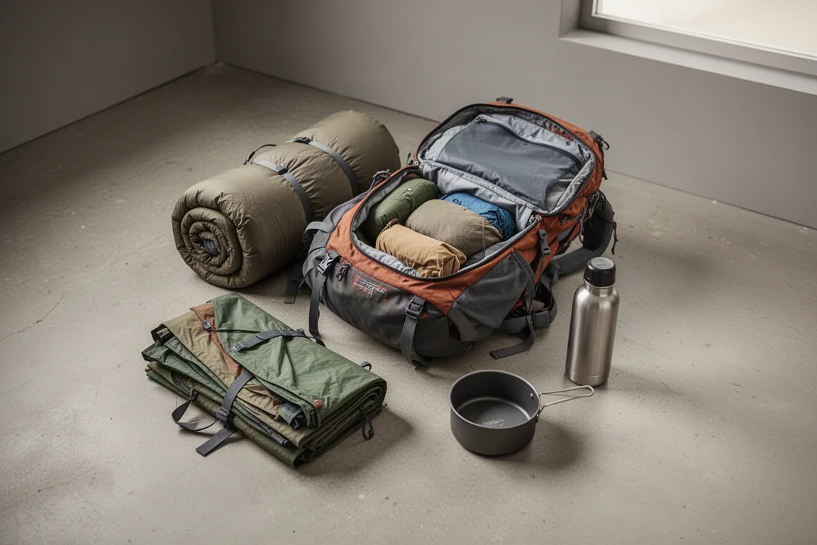 Partially packed hiking backpack with gear arranged around it on concrete
