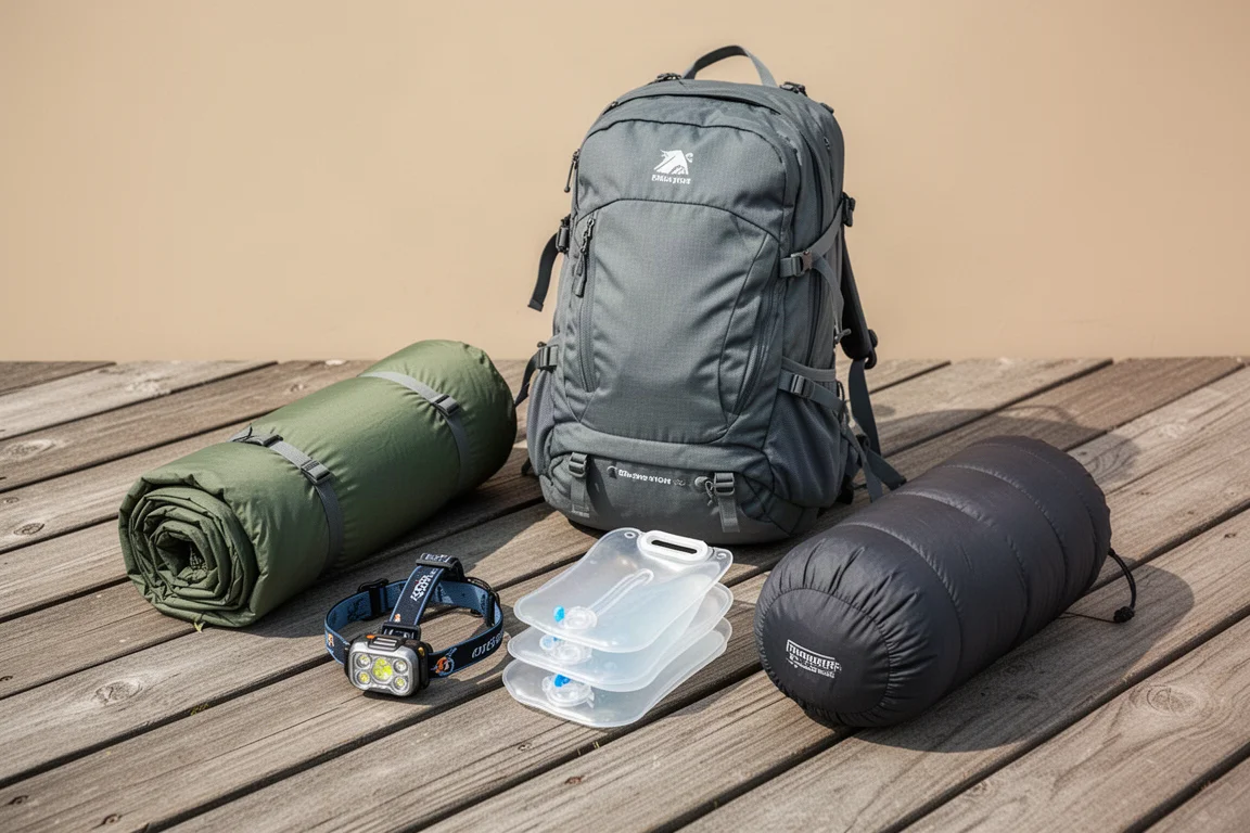 Budget backpacking essentials arranged on a wooden deck in soft daylight