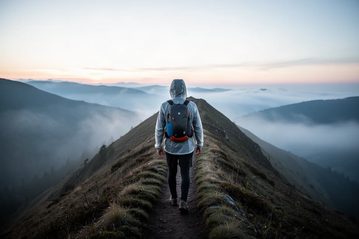 Wanderer mit kleinem Rucksack auf einem Gratweg im Morgengrauen über tiefem Nebel