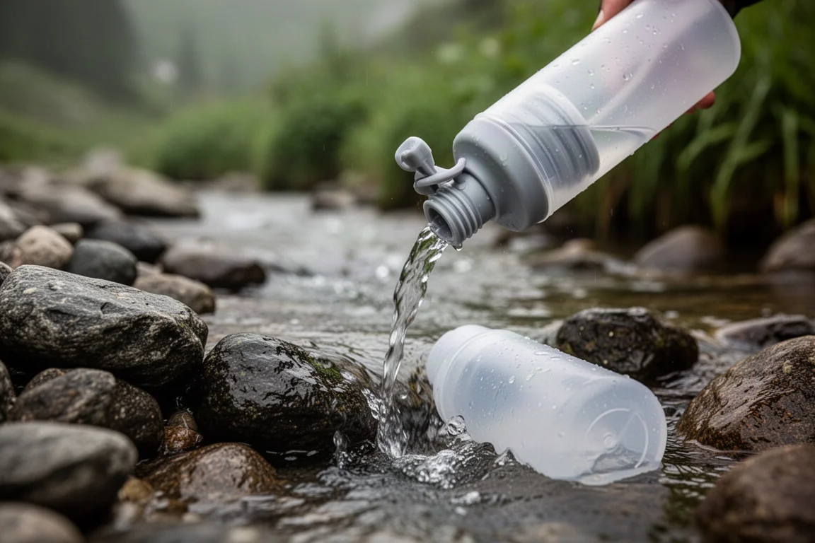 Squeeze-Wasserfilter und Flasche am Rand eines klaren Gebirgsbachs