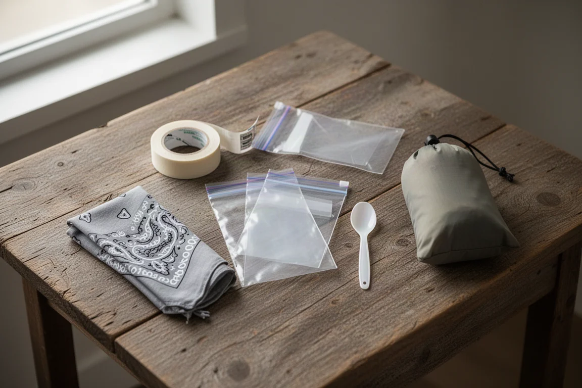 Draufsicht auf flach ausgelegte kleine Trekking-Essentials auf verwittertem Holztisch