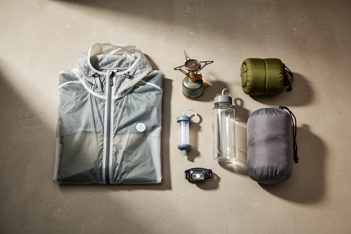 Overhead flat-lay of budget backpacking gear on a matte concrete surface