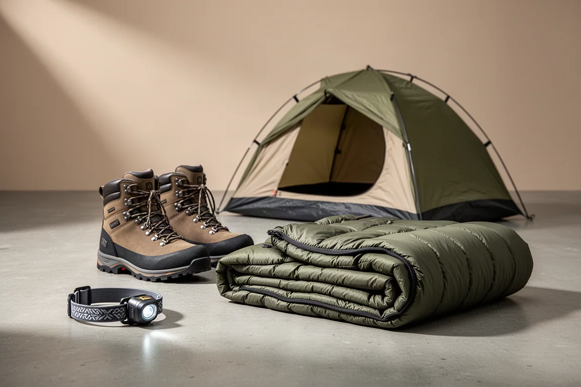 Budget backpacking gear arranged on a concrete surface for a buying guide