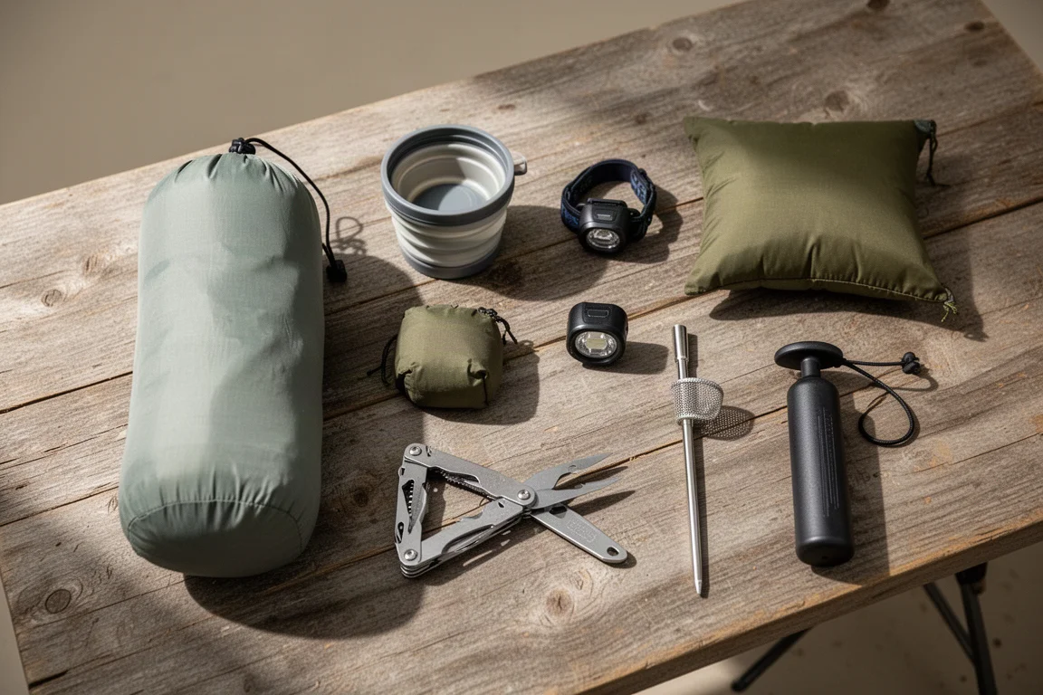 Flat-lay of backpacking gear including a rolled tent, headlamp, water container, pillow, and multi-tool