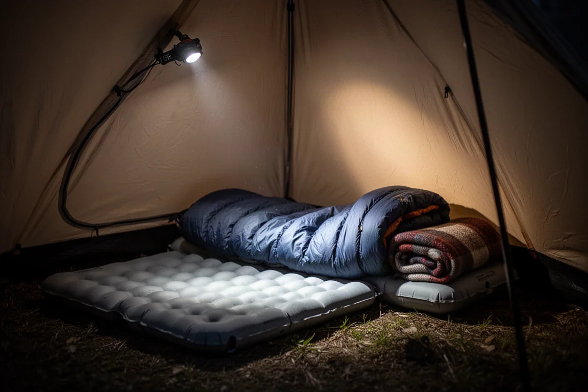 Wnętrze małego namiotu nocą z piankową matą, materacem i śpiworem
