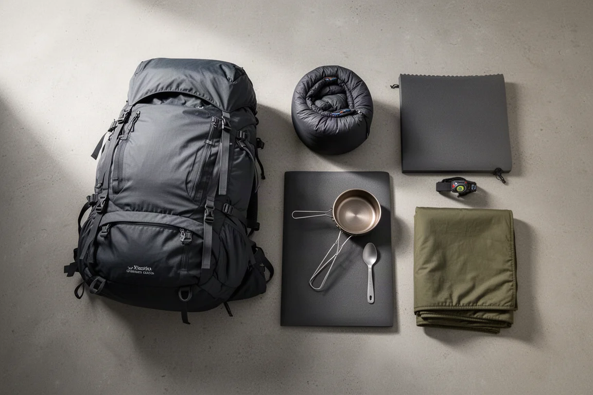 Flat-lay of budget backpacking gear including a large pack, titanium pot, foam pad and headlamp