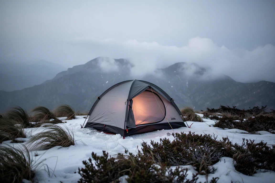 Barraca de uma pessoa montada em uma crista alpina nevada ao anoitecer