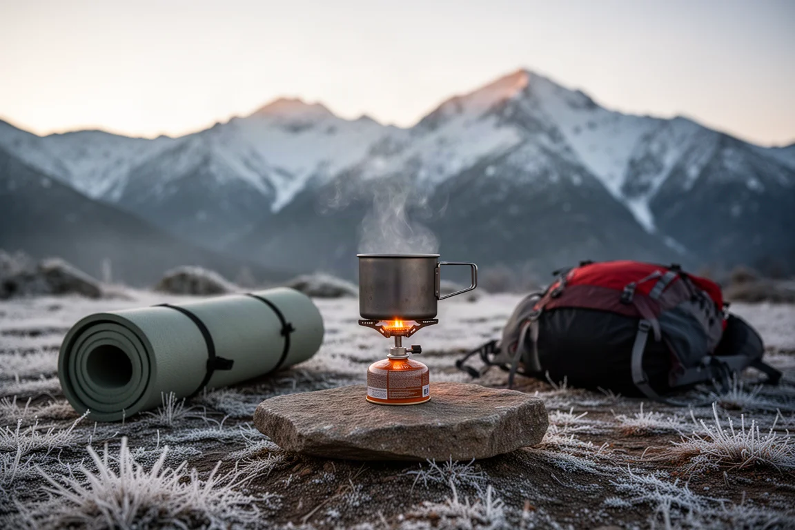 Cozinha de acampamento de mochileiro ao amanhecer com fogareiro e panela de titânio