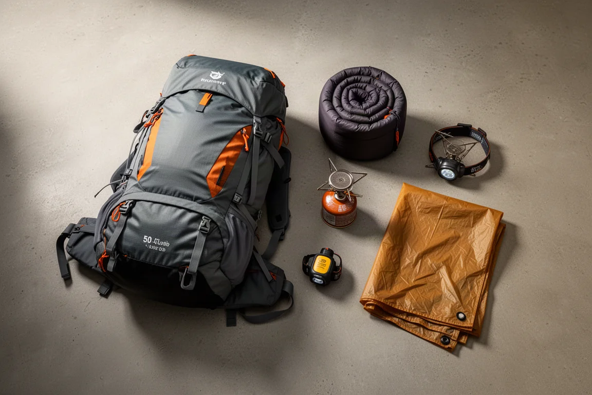 Budget backpacking gear arranged on a concrete surface for a kit overview