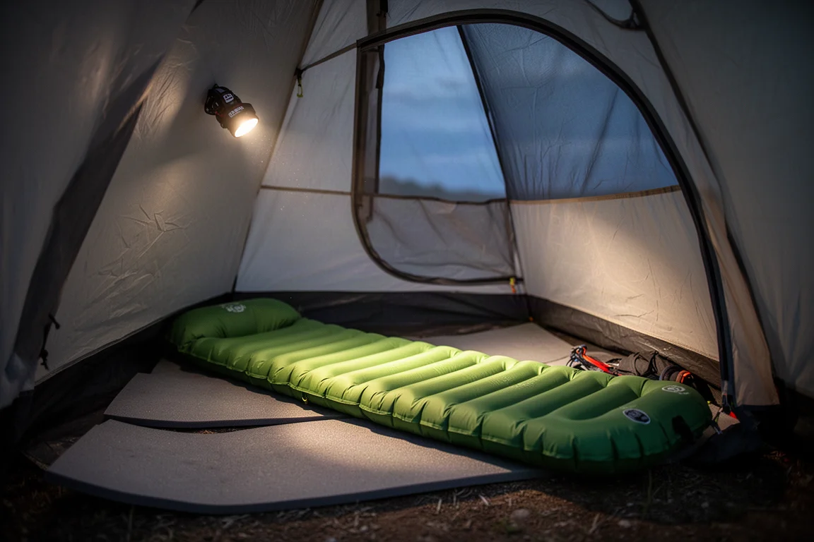 Interno di una piccola tenda da backpacking all'alba con stuoia e sacco a pelo visibili
