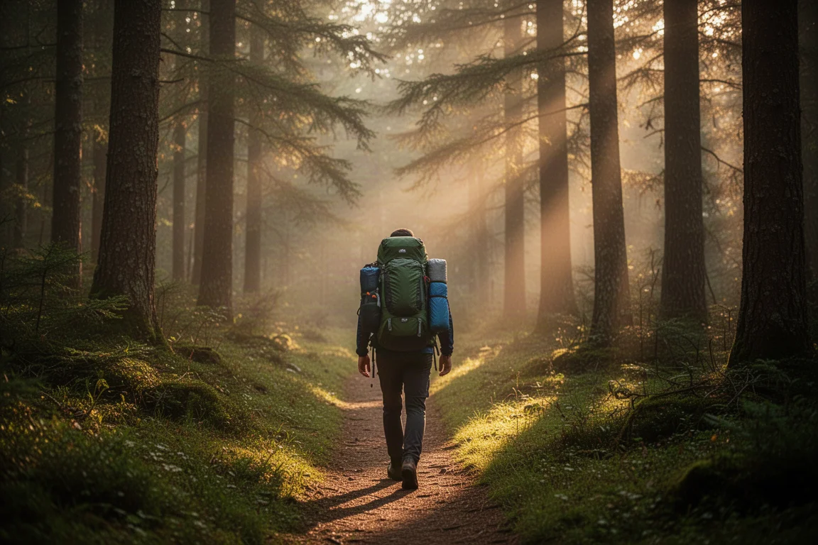 Backpacker che cammina su una cresta in alto all'alba con uno zaino carico
