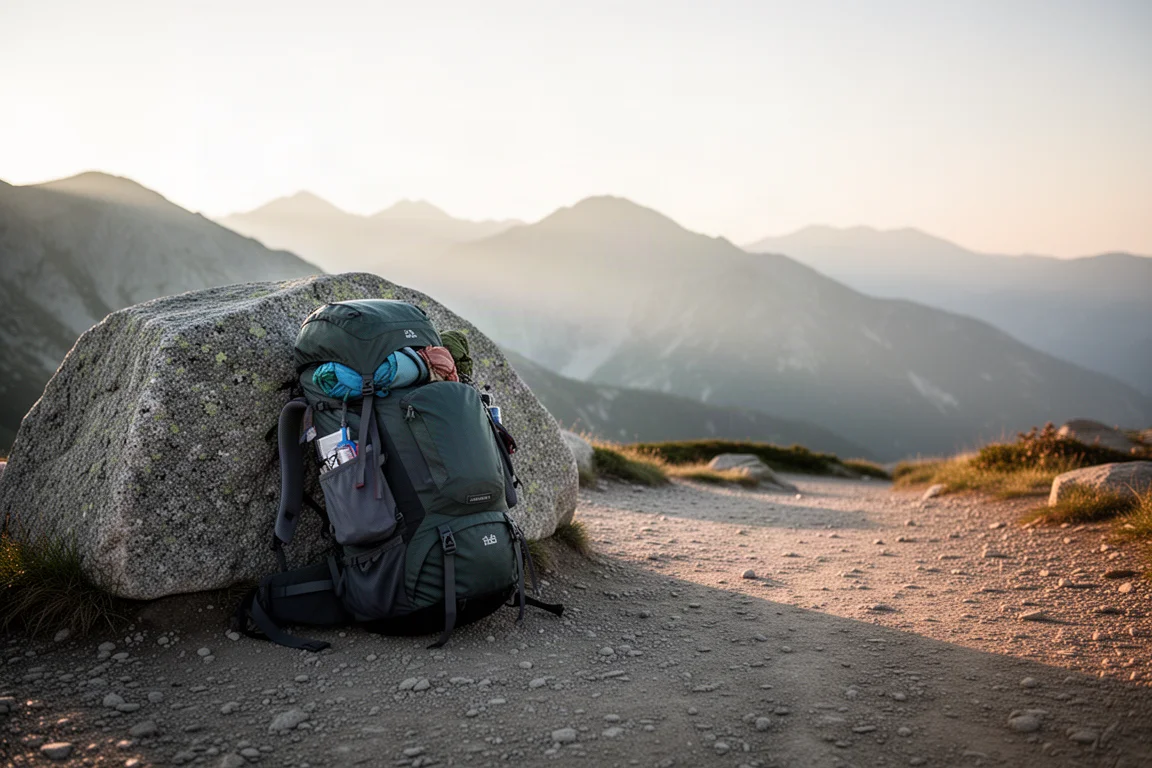 Beladener Trekkingrucksack lehnt bei Sonnenaufgang an einem Granitfindling