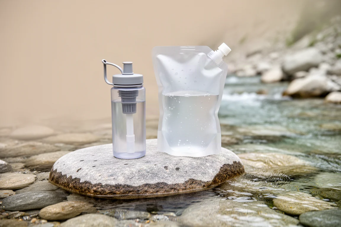 Wasserfilter und Wasserbeutel liegen an einem Gebirgsbach auf einem Stein