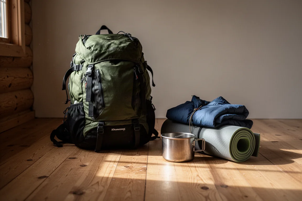 Gepackter Rucksack und Ausrüstung auf einem Holzfußboden einer Hütte