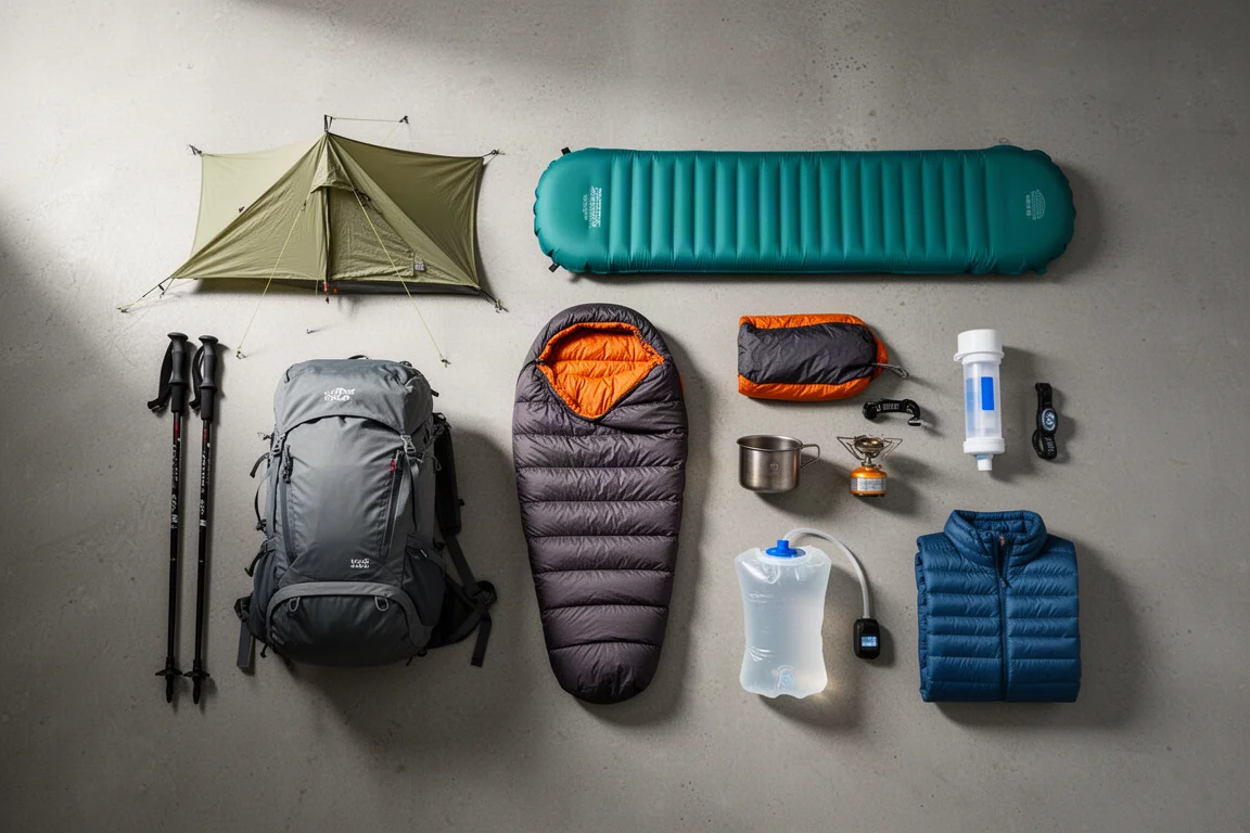 Complete lightweight backpacking kit arranged as an overhead flat lay