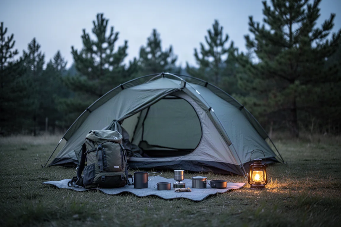 Campsite at dusk with a small tent and backpacking gear laid out on a groundsheet