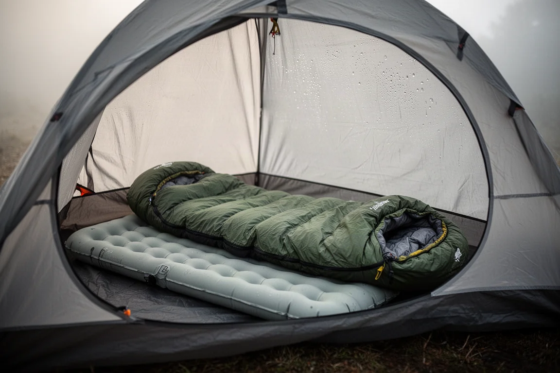 Interior of a small tent with an inflated sleeping pad and sleeping bag