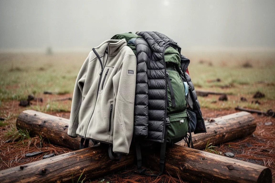 Fleece and puffy jackets layered over a backpack at a campsite