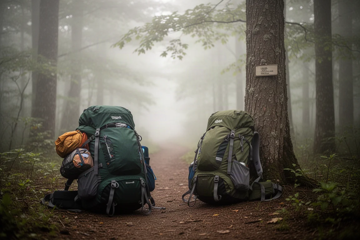 Loaded backpacking backpack leaning against a tree near a trailhead