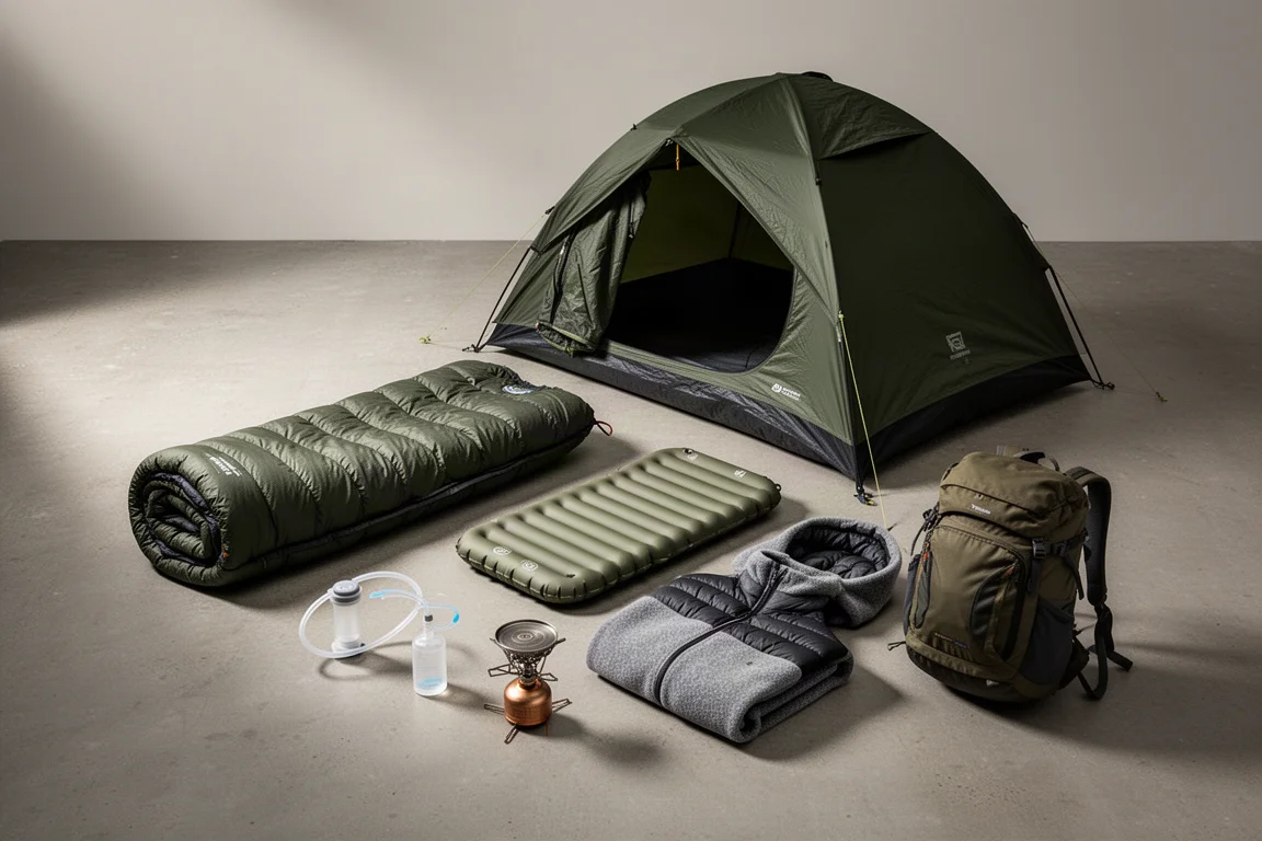 Flat lay of budget backpacking gear including tent, sleeping bag, pad, filter, stove, and jackets