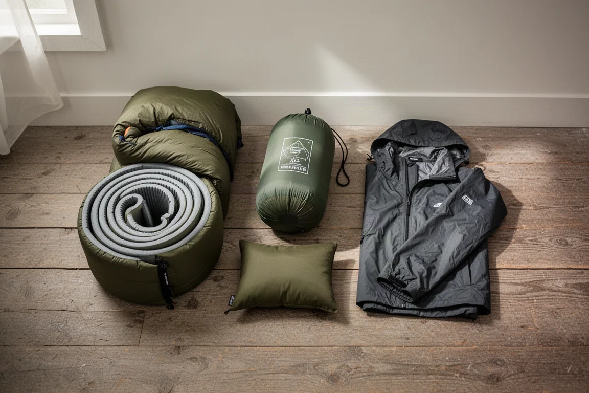 Płaskie ułożenie budżetowego sprzętu backpackingowego na zwietrzałej drewnianej podłodze