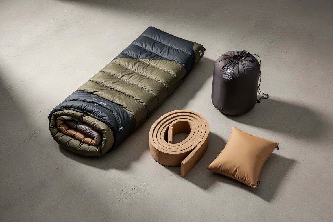 Equipamentos de mochilão econômicos dispostos no concreto: saco de dormir, capa da barraca, isolante e travesseiro