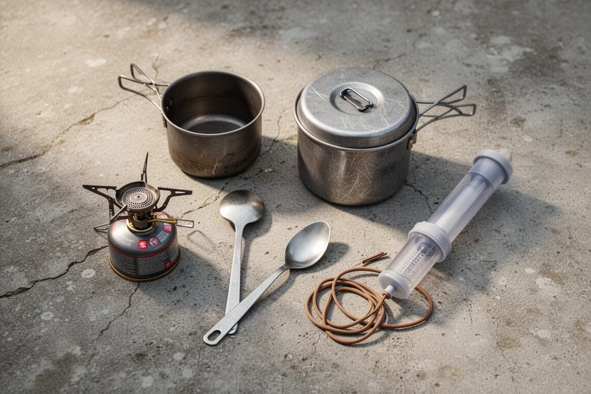 Flat-lay of budget backpacking gear on concrete, including a stove, pot, spoon, and filter