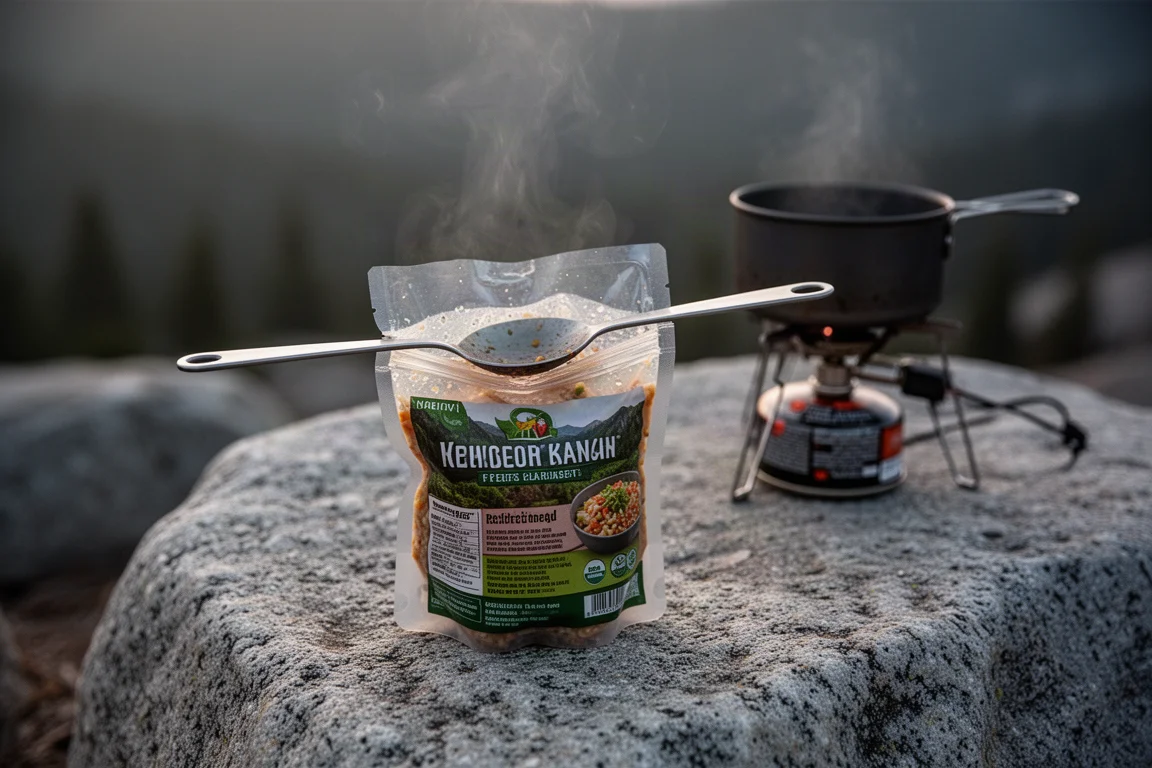 Long-handled spoon resting across an open meal pouch at a granite campsite