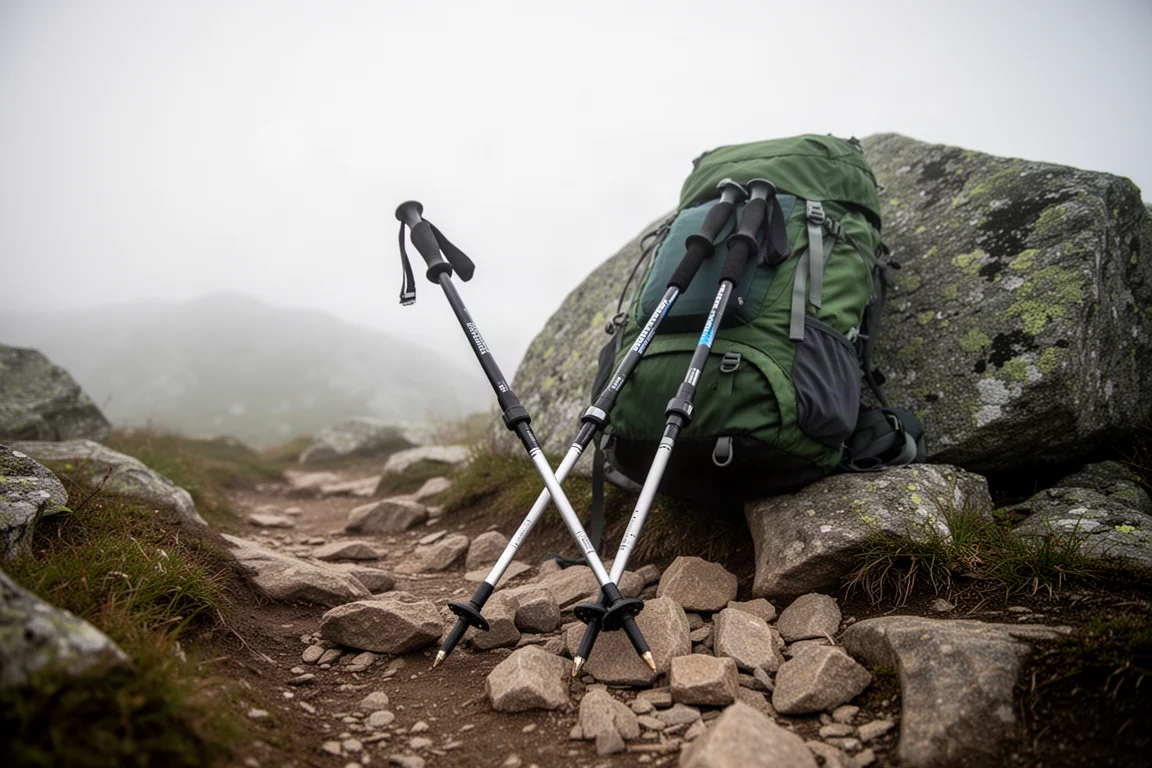 Trekking poles planted in a rocky trail with a loaded backpack leaning on a boulder