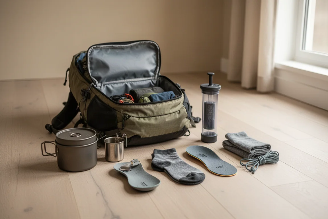 Lightweight backpack open on a wooden floor with gear sorted into small groups