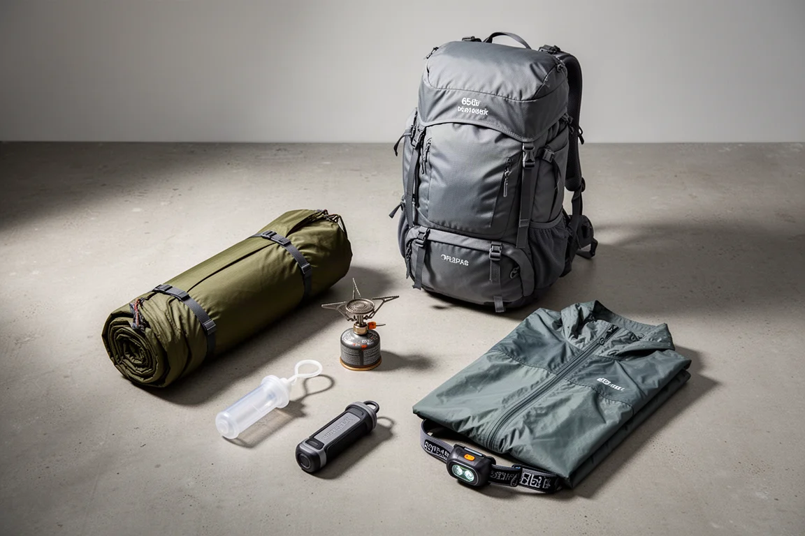 Budget backpacking gear flat lay with tent, backpack, stove, filter and headlamp on concrete