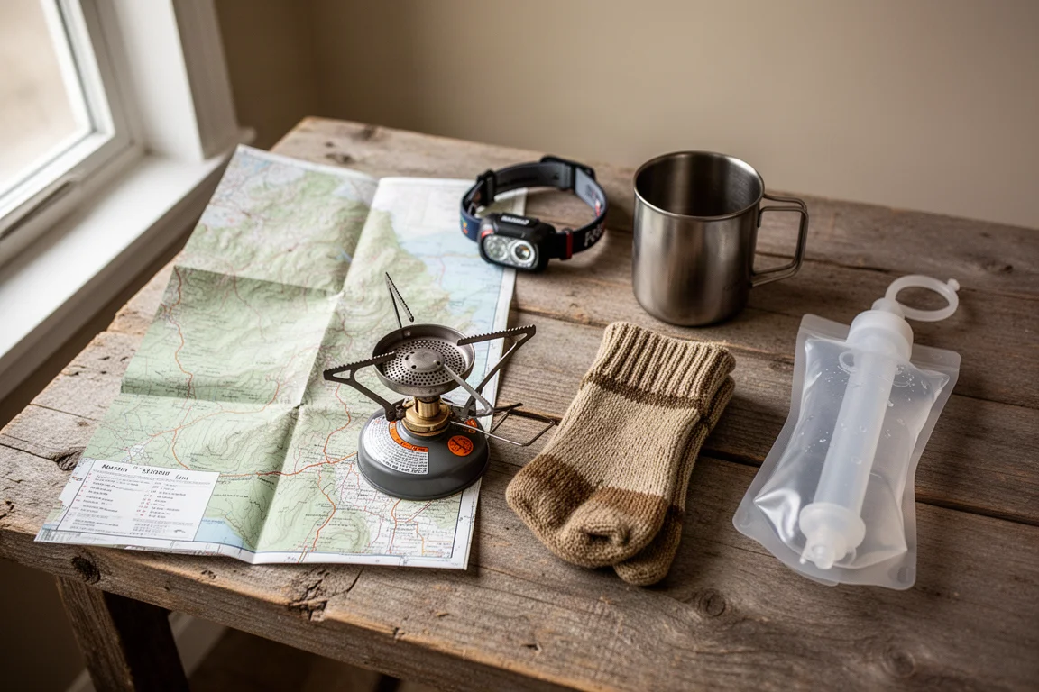 Flat-lay dall'alto di piccoli oggetti da backpacking disposti su un pavimento in cemento