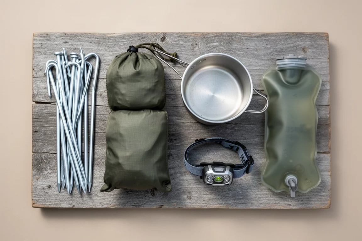 Draufsicht auf Trekking-Essentials wie Heringe, Packsäcke, einen Kochtopf und eine Stirnlampe auf verwittertem Holz