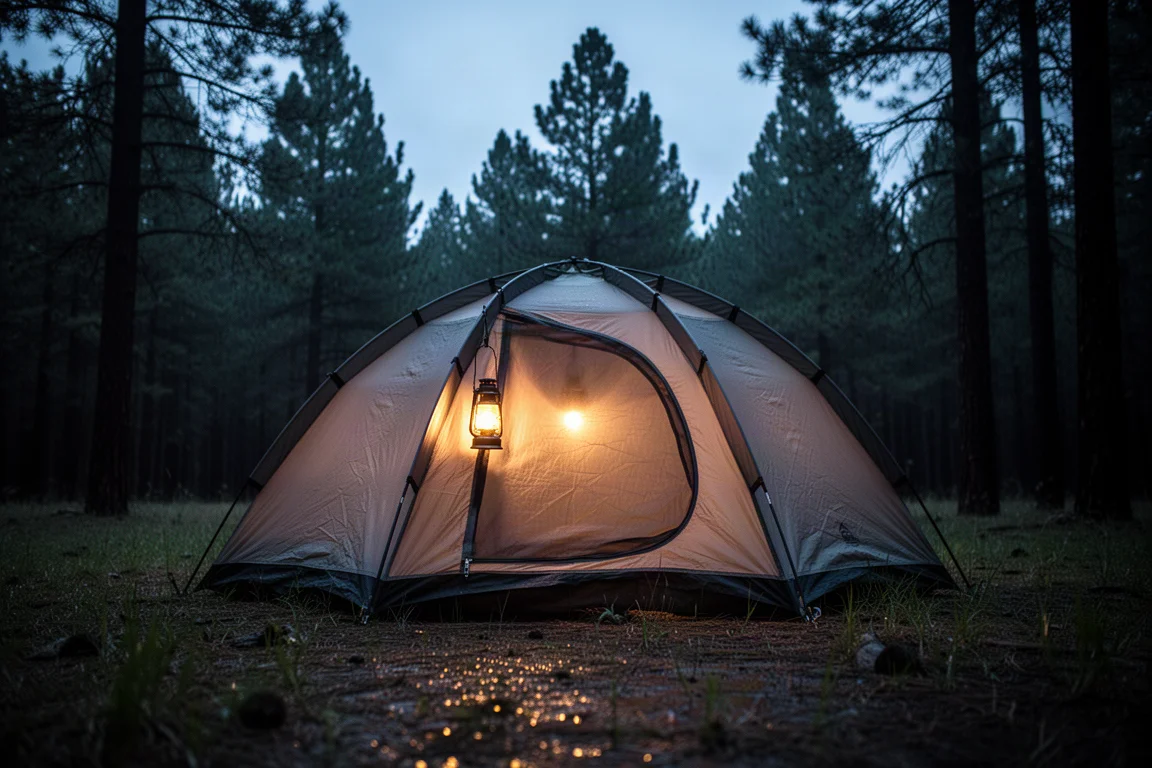 Aufgeschlagenes Campingzelt, das in der Dämmerung auf einer Waldlichtung von innen leuchtet