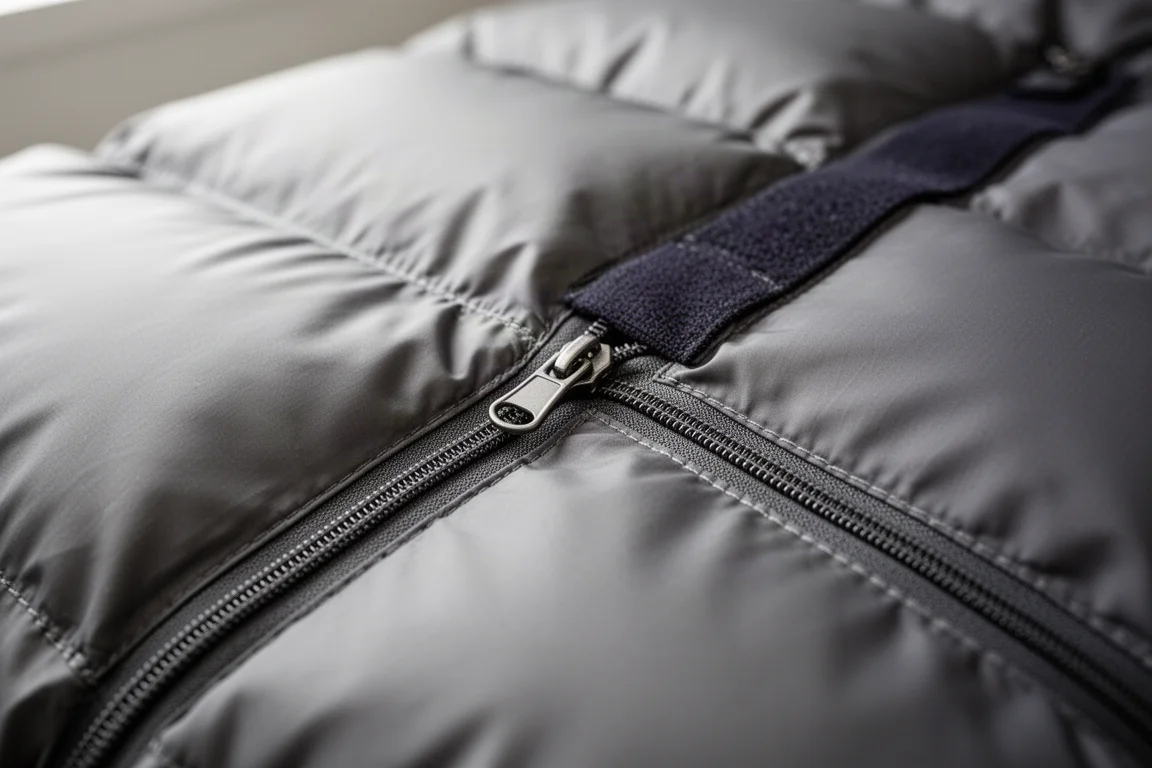 Nahaufnahme eines Daunenschlafsack-Reißverschlusses, der Kammerstiche und aufgelockerter Daunenkluster