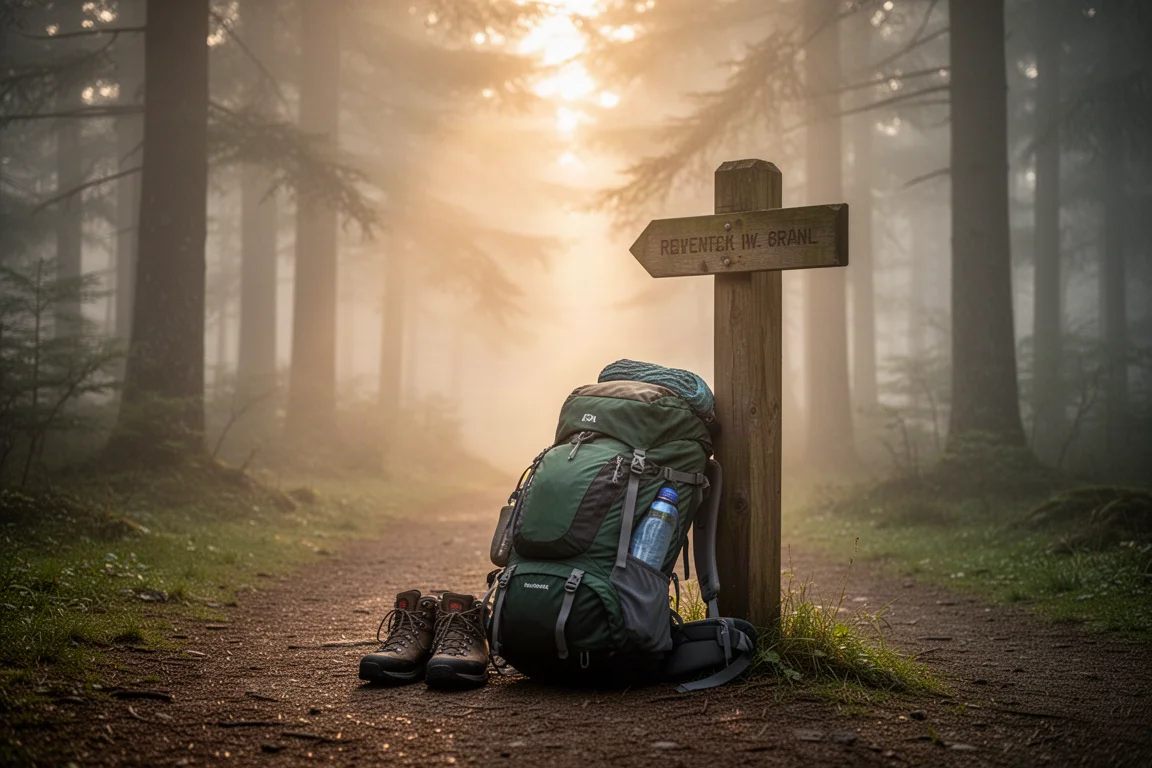 Beladener Wanderrucksack und Wanderschuhe an einem nebligen Waldweg-Ausgangspunkt bei Sonnenaufgang