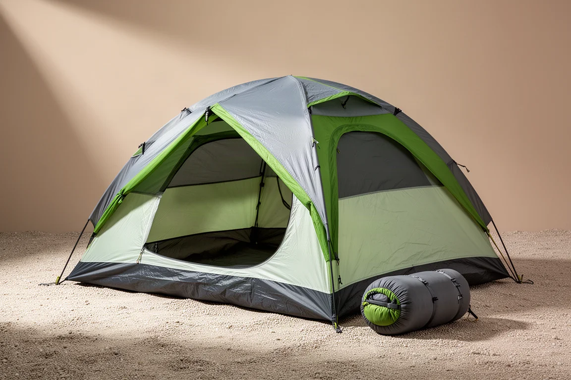 Namiot trzyosobowy dla backpackerów rozbity na żwirze, obok zwinięty śpiwór puchowy