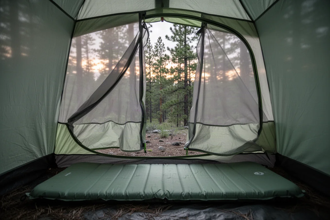 Interno di una piccola tenda da una persona con vista attraverso due porte in mesh aperte